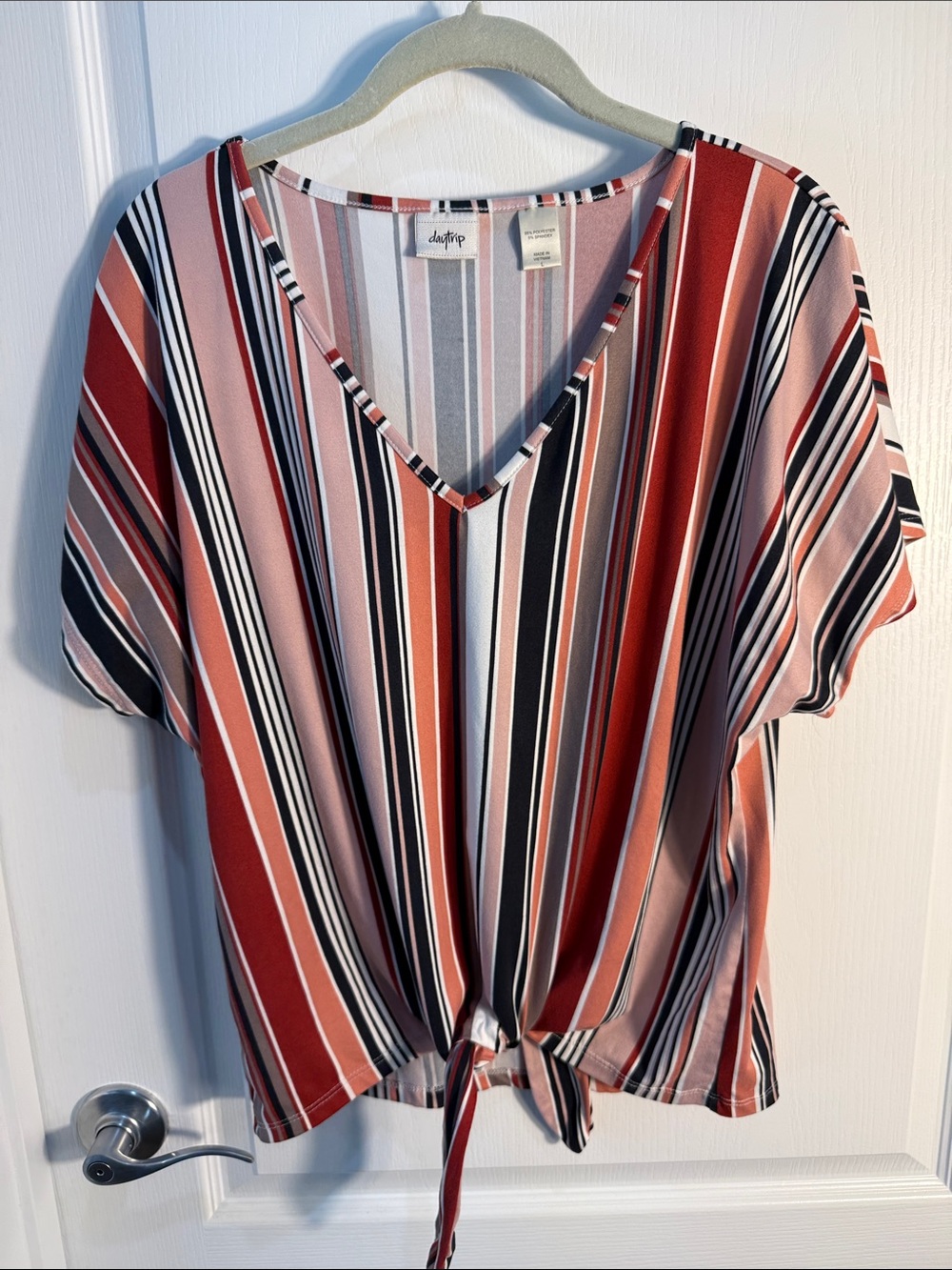Daytrip Rust Pink Black Striped V-Neck Tie-Front Blouse Size L